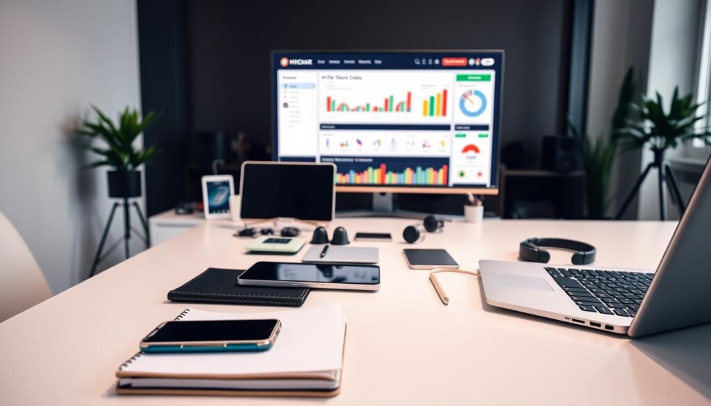 A sleek, modern office workspace featuring a variety of affiliate marketing tools. In the foreground, a laptop, smartphone, and notebook are arranged neatly on a minimalist desk. In the middle ground, various digital devices such as a tablet, smartwatch, and headphones are displayed, symbolizing the diverse range of tools used in affiliate marketing. The background showcases a large monitor displaying a dashboard or analytics platform, underscoring the importance of data-driven decision making. The lighting is soft and even, creating a professional, productive atmosphere. The angle is slightly elevated, providing a comprehensive view of the setup. Overall, the image conveys the sophisticated, technology-driven nature of successful affiliate marketing. A sleek, modern office workspace featuring a variety of affiliate marketing tools. In the foreground, a laptop, smartphone, and notebook are arranged neatly on a minimalist desk. In the middle ground, various digital devices such as a tablet, smartwatch, and headphones are displayed, symbolizing the diverse range of tools used in affiliate marketing. The background showcases a large monitor displaying a dashboard or analytics platform, underscoring the importance of data-driven decision making. The lighting is soft and even, creating a professional, productive atmosphere. The angle is slightly elevated, providing a comprehensive view of the setup. Overall, the image conveys the sophisticated, technology-driven nature of successful affiliate marketing.
