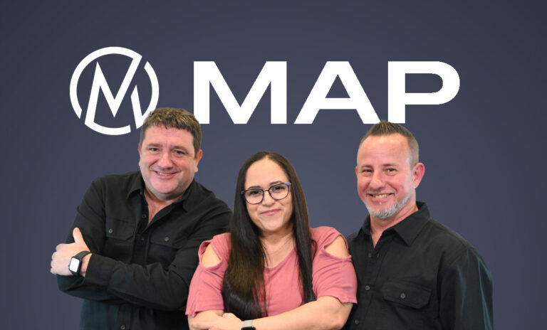 "Three affiliate marketing experts smiling in front of the MAP (Master Affiliate Profits) logo on a dark blue background."