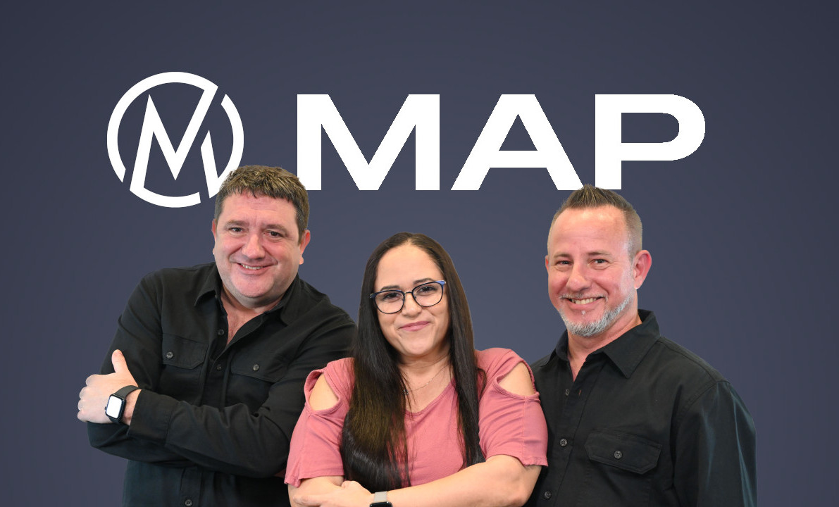 "Three affiliate marketing experts smiling in front of the MAP (Master Affiliate Profits) logo on a dark blue background."